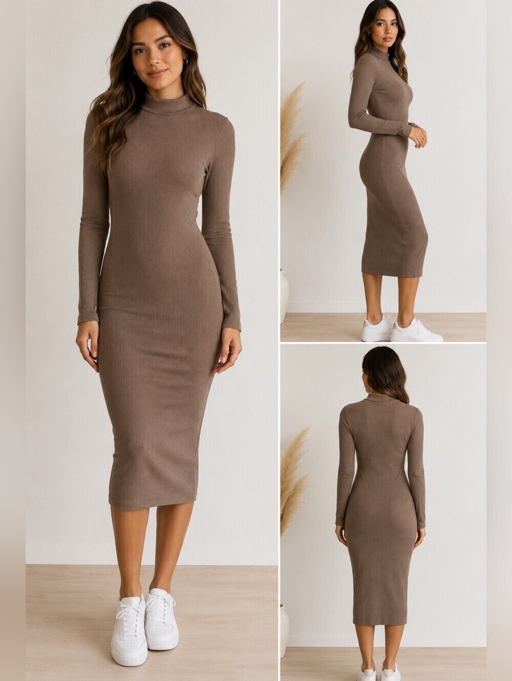 Women's Long-sleeved Taupe/Khaki Bodycon Midi Dress, Size S, NEW